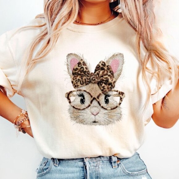 Tops - Leopard Bow Bunny T-Shirt, Easter Day Shirt, Leopard Glasses Rabbit Shirt